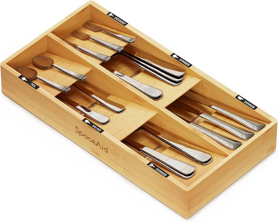 SpaceAid Bamboo Silverware Drawer Organizer with Labels, Kitchen Utensil Tray Holder Organizer fo... | Amazon (US)