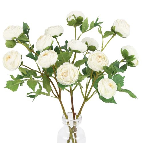 White Ranunculus Artificial Flowers,3PCS 18 Heads Faux Silk Ranunculus Flowers Long Stems Fake Peonies for Centerpieces Arrangements Wedding Party Home Decoration(White) | Amazon (US)