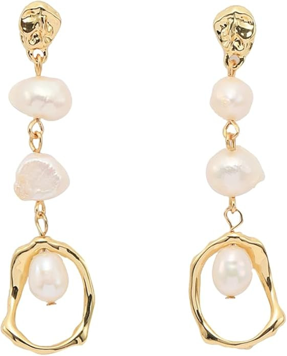 14k Gold Pearl Dangle Statement Earring for Women,Irregular Exaggerated Luxury Chandelier Earring... | Amazon (US)