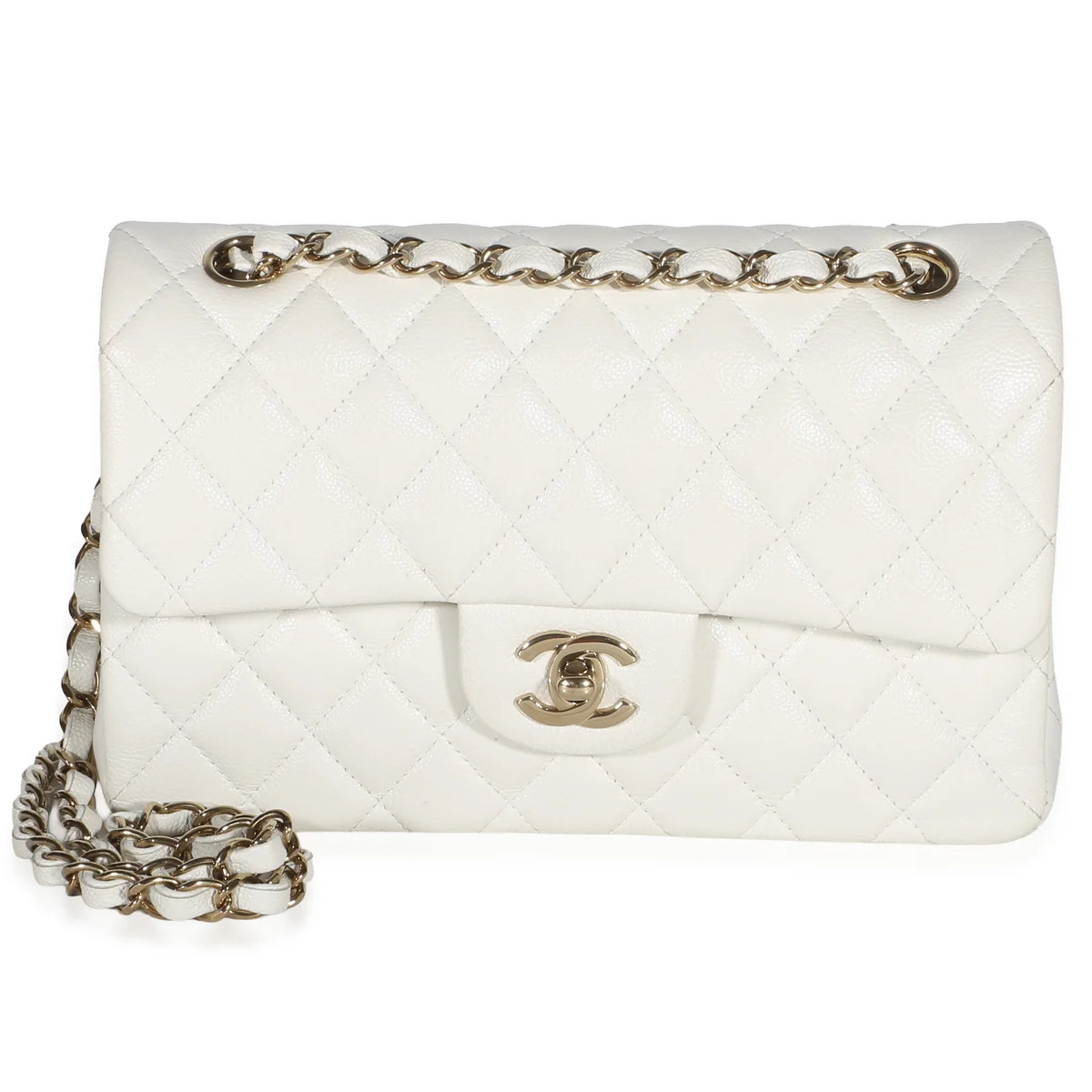White Quilted Caviar Small Classic Double Flap Bag | Over The Moon