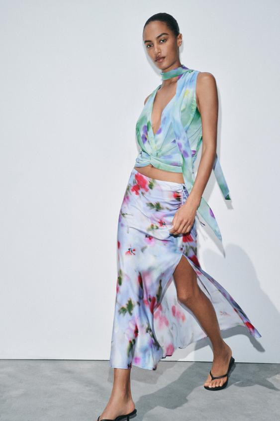 PRINTED SATIN EFFECT MIDI SKIRT | Zara US