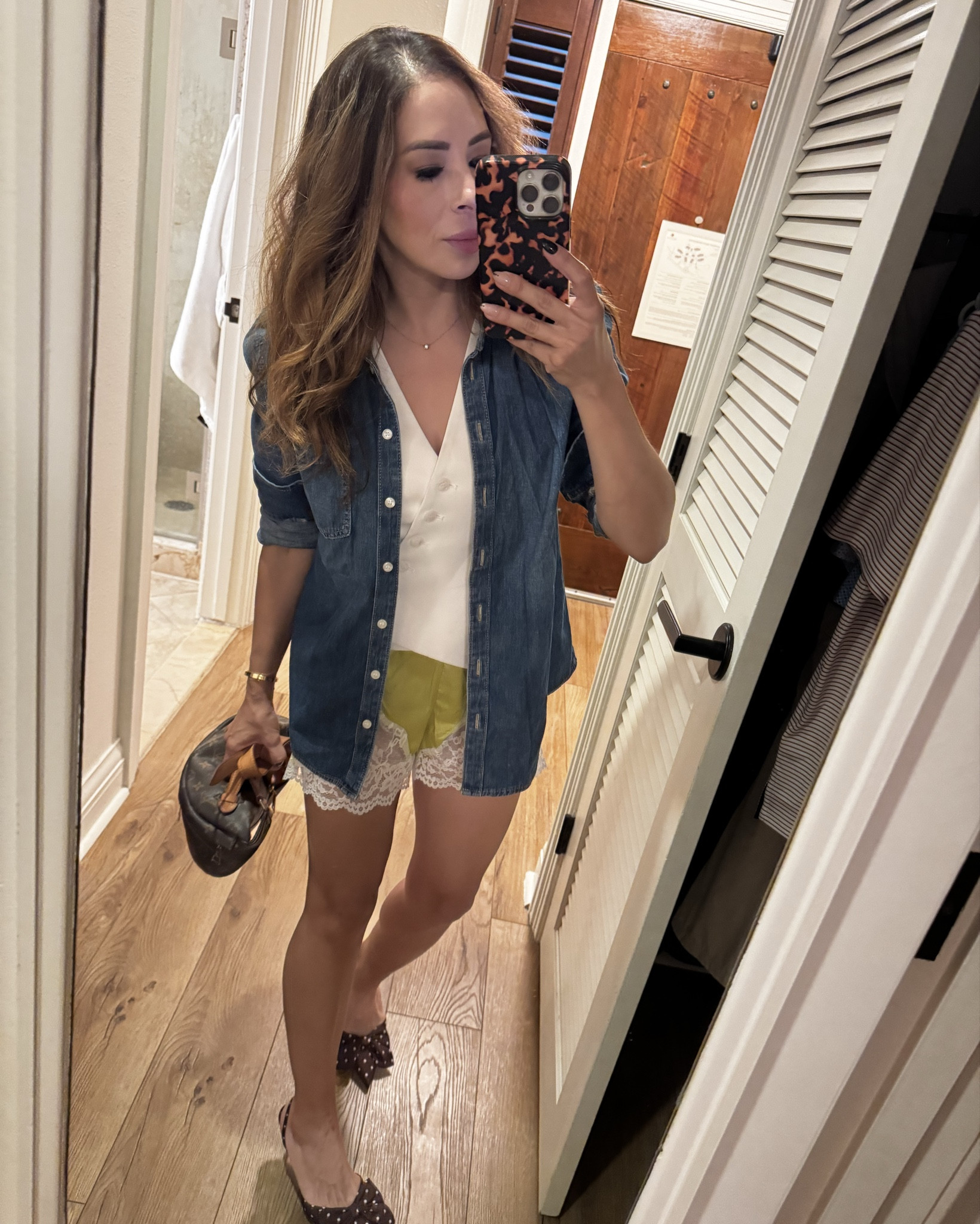 These chartreuse lace shorts peeking out from under the denim button down is so fun and flirty! I grabbed this pair and a black pair to style for y’all and so far I’m loving them! So comfortable and versatile. They can be dressy or casual and loungey at the same time! 

#LTKStyleTip #LTKOver40 #LTKFindsUnder50