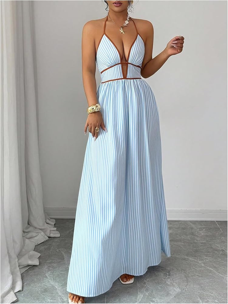 Floerns Women's Striped Halter Maxi Dress Backless Smocked Beach Vacation Boho Dress | Amazon (US)