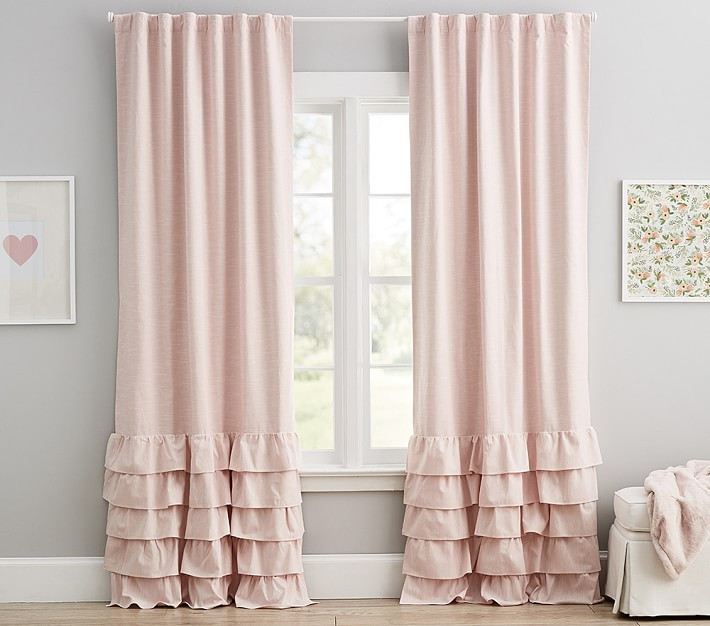 Evelyn Linen Blend Ruffle Bottom Blackout Curtain Panel | Pottery Barn Kids