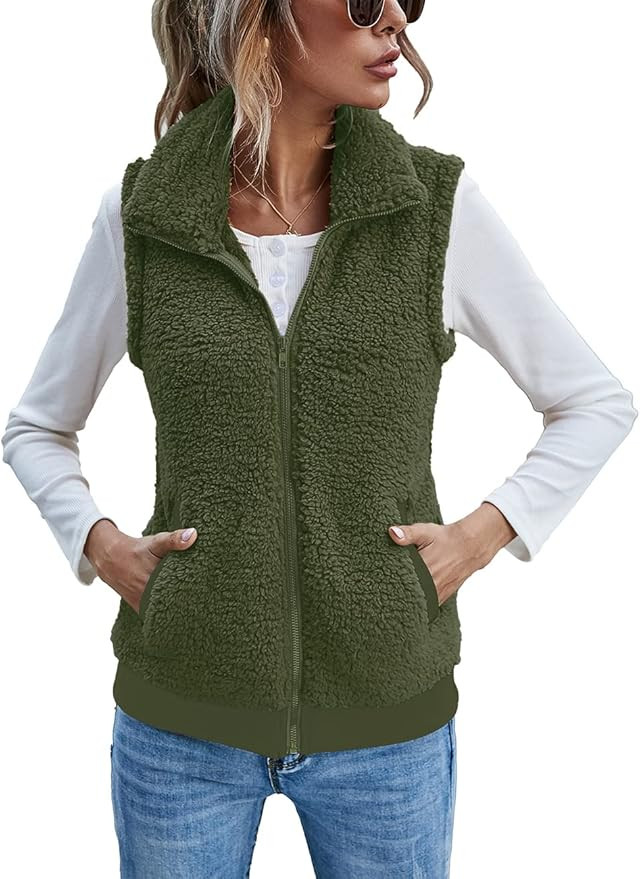 LOMON Womens Fuzzy Fleece Vest, Casual Warm Sleeveless Zip Up Sherpa Vest Jacket with Pockets for... | Amazon (US)