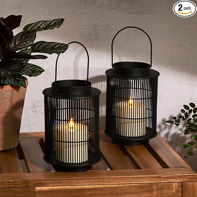 LampLust Outdoor Lantern Decorative Outdoor Patio Decor, Set of 2, 8 Inch Candle Lanterns, Black ... | Amazon (US)
