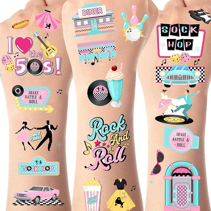 Serencatcher 144pcs 50's Theme Decorations Sock Hop Tattoos, 1950s Shake Rattle Rock and Roll Tem... | Amazon (US)