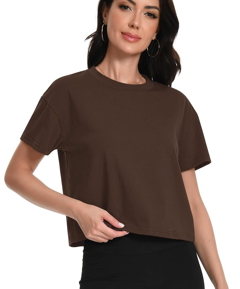 Womens Crew Neck Crop Top Casual Cotton Short Sleeve T-Shirts Summer Clothes Trendy Comfy Soft Te... | Amazon (US)