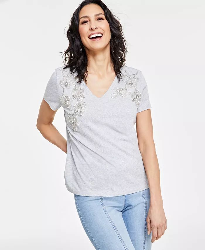 Women's Embellished V-Neck Short-Sleeve Top, Created for Macy's | Macy's