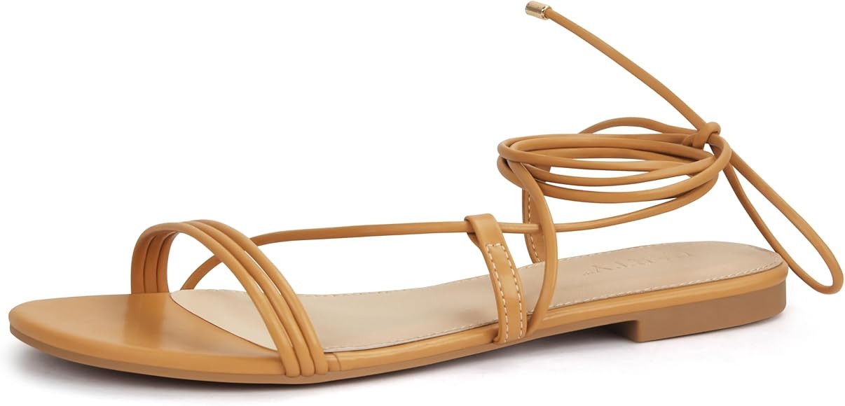 PARTY Women's Strappy Sandals Lace Up Flats Tie Up Open Toe Ankle Strap Shoes | Amazon (US)