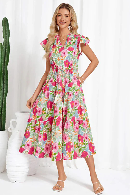 Drawstring Waist Flutter Sleeve V-Neck Tired A-Line Dress | GRACE KARIN