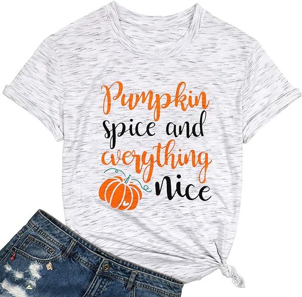 LUKYCILD Women Pumpkin Shirt Cute Pumpkin Graphic Letter Print T-Shirt Short Sleeve Round Neck Ha... | Amazon (US)