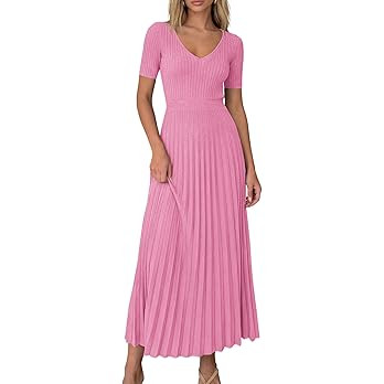 PRETTYGARDEN Women's 2026 Spring Midi Sweater Dresses Elegant Pleated Ribbed Knit Short Sleeve V ... | Amazon (US)