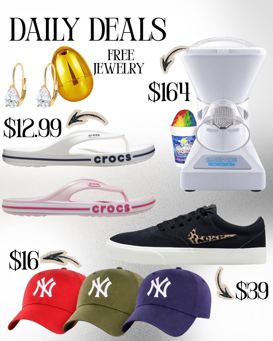 Deeply discounted items you should buy today

Sneakers code is LASTSHOT
Jewelry code is TAKE20 plus any purchase get a free golden egg with at least $64 plus worth of jewelry in it

CROCS code is PERKSPOT20 

#LTKSaleAlert