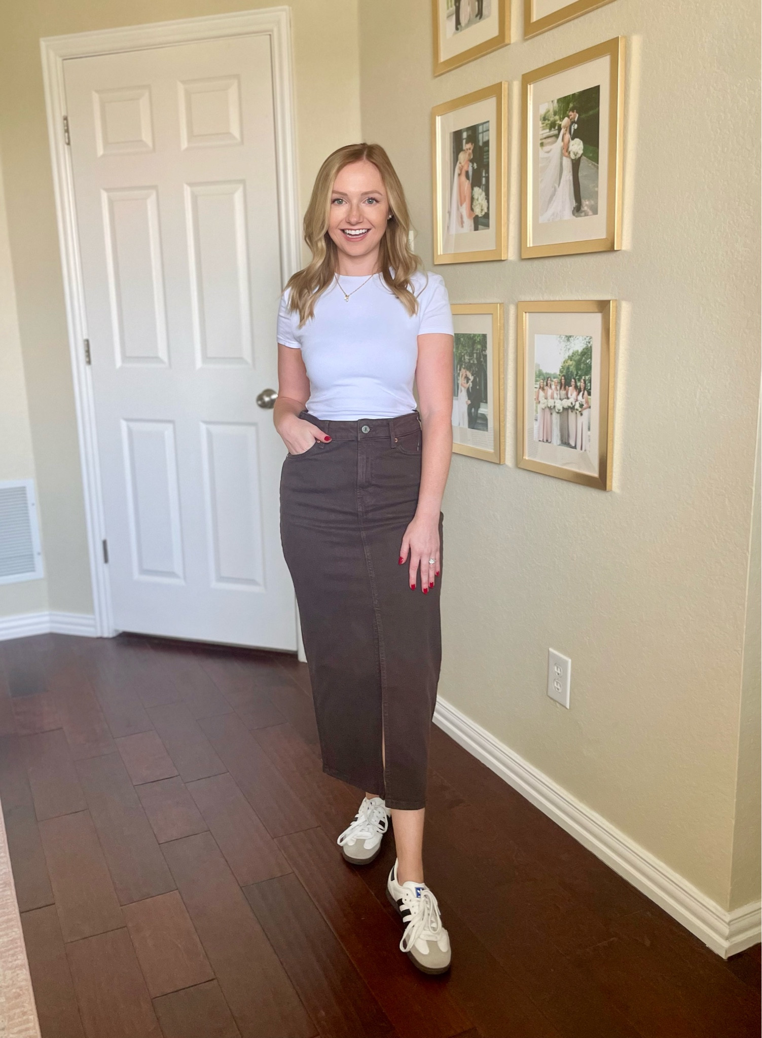 Wearing a 25 in the skirt, but the waist runs large and it is very stretchy! | denim skirt, brown skirt, brown denim, midi skirt, fall skirt 

#LTKSeasonal #LTKFallSale #LTKStyleTip