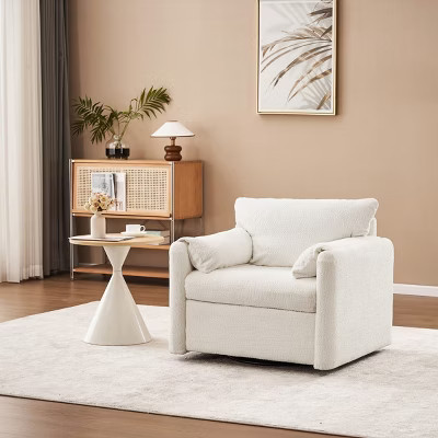 360° Swivel Single Sofa Chair,Ivory White Chenille Fabric Upholstered Armrests Chair With Iron Frame,Modern Solid Wood Office Lounge Chair-Cuddlewood | Target