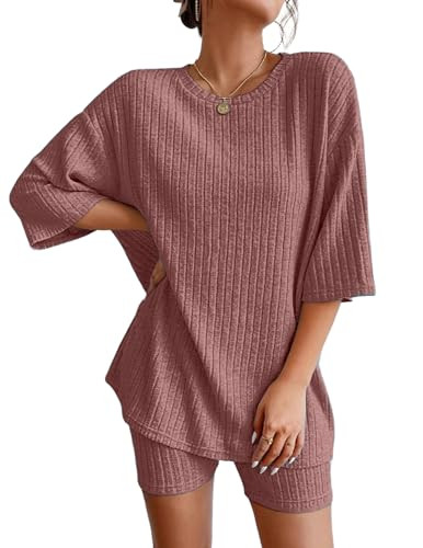 Ekouaer Pajamas 2 Piece Lounge Sets Ribbed Knit Matching Outfits T-shirt Biker Shorts Sleepwear Loungewear Sweatsuits Burgundy Medium | Amazon (US)