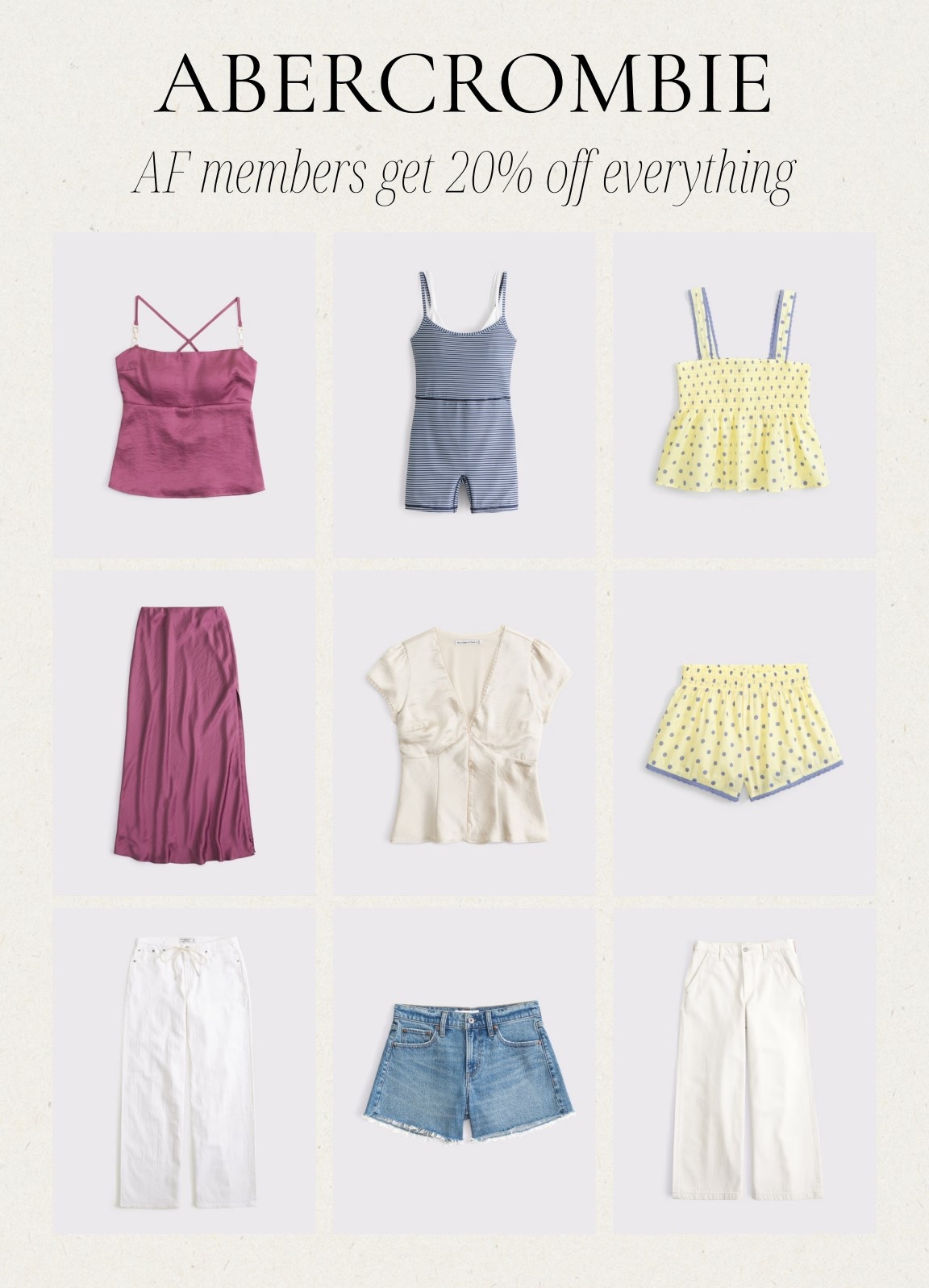 [3/19/26] Abercrombie sale!! 20% off everything | new arrivals I’m loving! 

*Offer valid in stores and online 3/19/2026-3/20/2026 in US. Excludes clearance and gift cards. Member price reflects discount.*

#LTKSeasonal #LTKSaleAlert #LTKPetite