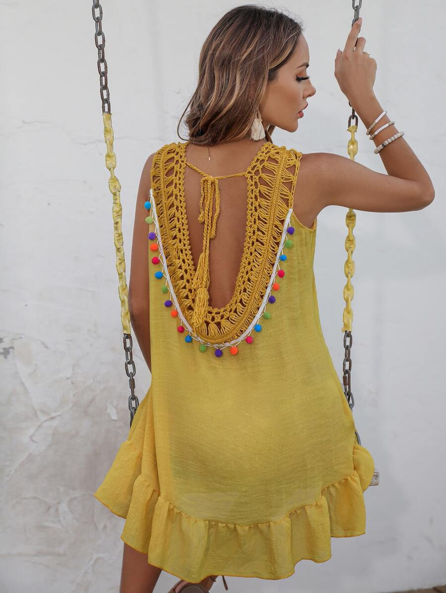 Pompom Ruffle Hem Crochet Cover Up | SHEIN
