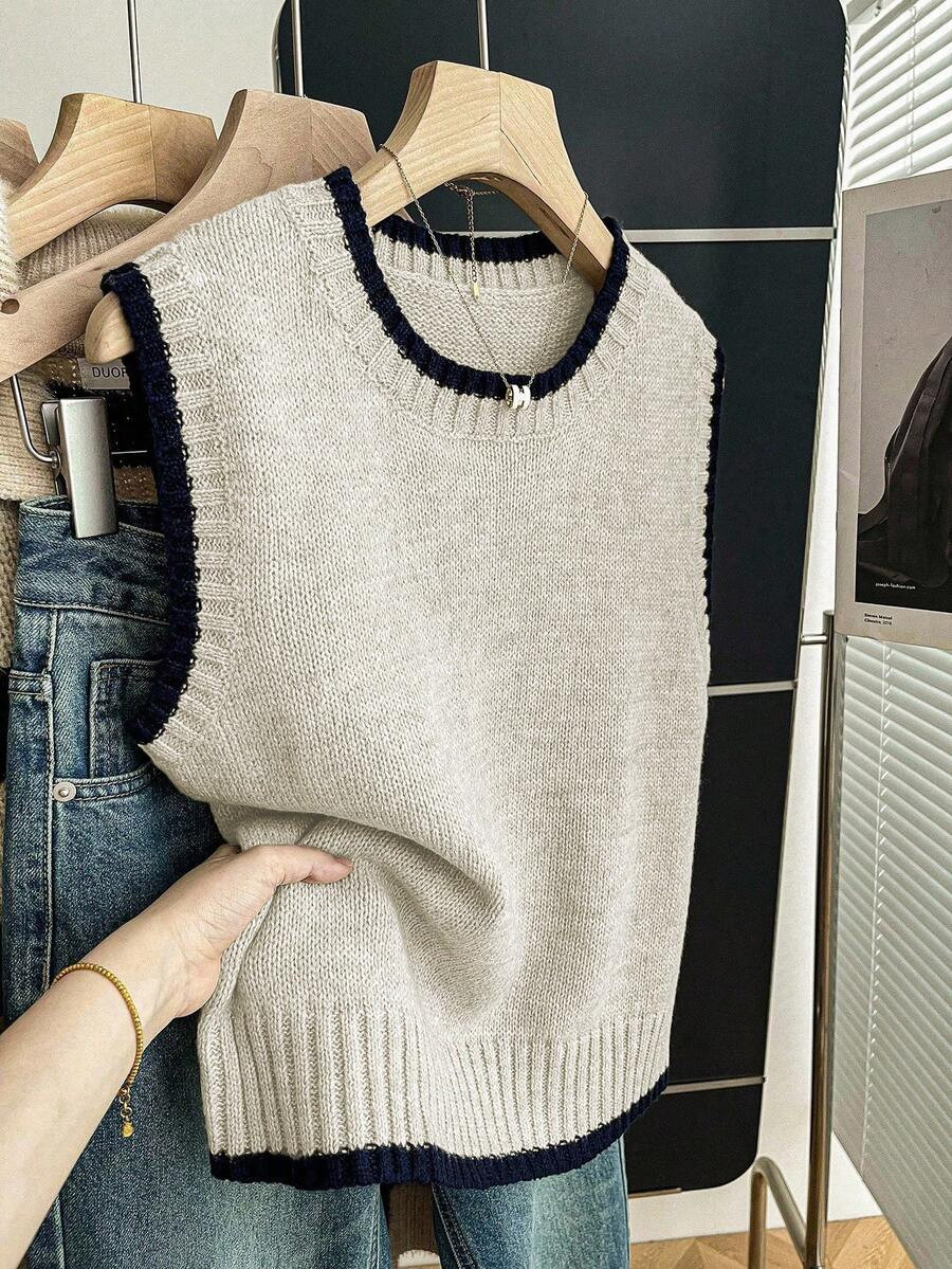Franclia Casual Loose Crew Neck Sleeveless Knit Contrast Trim Khaki Sweater Top For Women, Spring... | SHEIN