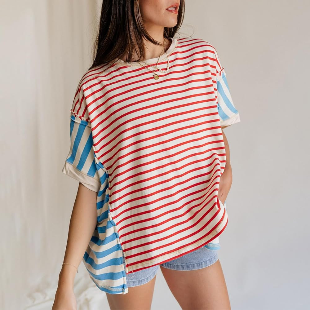 Oversized Tshirts for Women Short Sleeve Striped Graphic Loose Top Y2k Crewneck Drop Shoulder Bag... | Amazon (US)