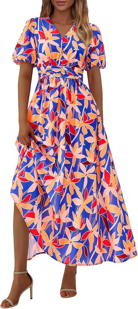 PRETTYGARDEN Summer Maxi Dresses for Women 2025 Floral V Neck Puff Sleeve Empire Waist A Line Flo... | Amazon (US)