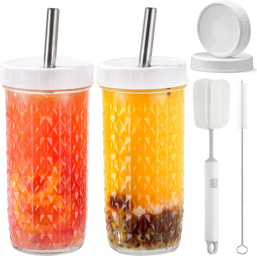 2 Pcs 24oz Glass Cups Set, Mason Jar Drinking Glasses with Lids and Straws & 2 Airtight Lids, Cut... | Amazon (US)