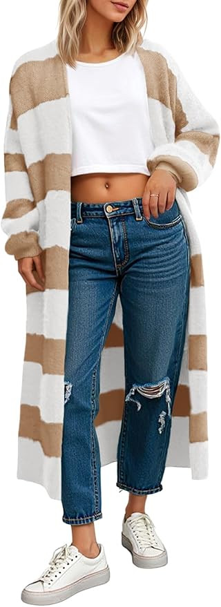 Saodimallsu Womens Striped Long Cardigan Sweaters Open Front Oversized Chunky Fuzzy Knit Fall Dus... | Amazon (US)