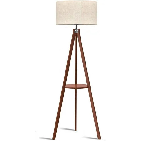 LEPOWER Tripod Floor Lamp, Mid Century Wood Standing Lamp, Modern Design Shelf Floor Lamp for Living Room, Bedroom, Office, Flaxen Lamp Shade with E26 Lamp Base Brown | Walmart (US)