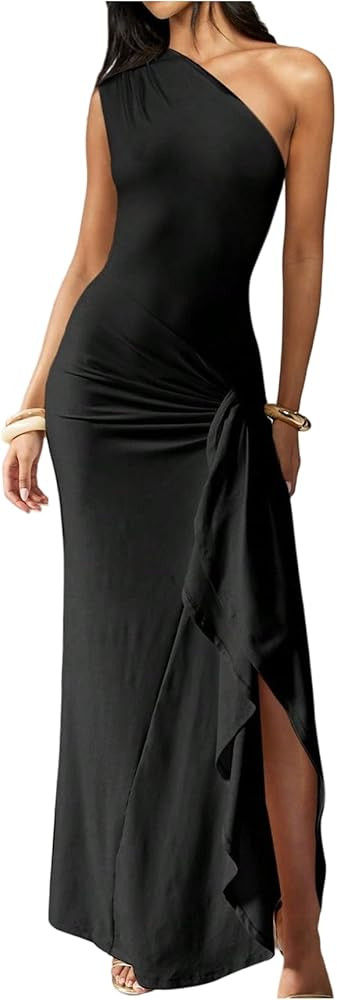 Verdusa Women's Ruffle Slit One Shoulder Maxi Dresses Cinched Waist Wedding Guest Dress Formal Ou... | Amazon (US)