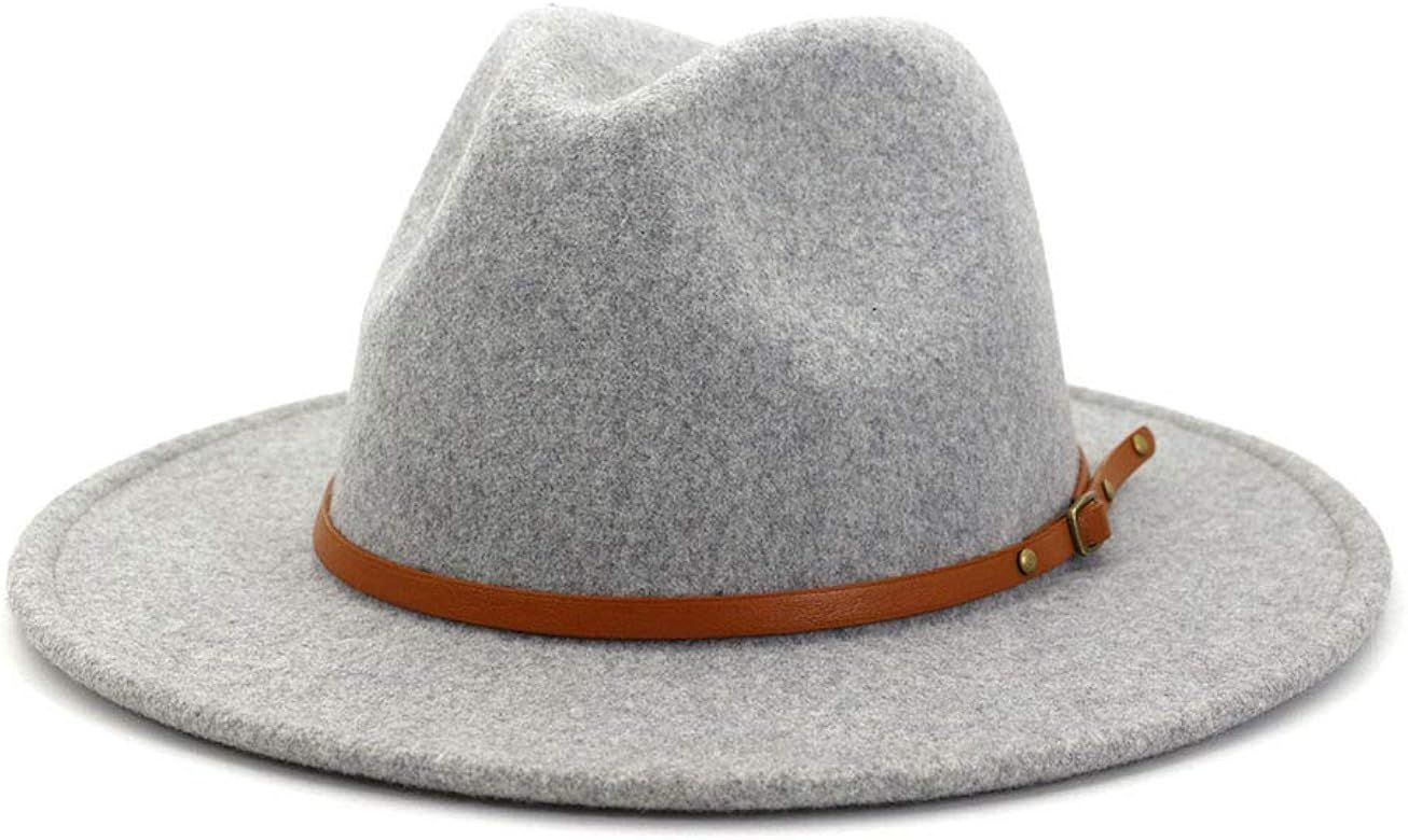 Women Belt Buckle Wool Wide Brim Fedora Hat | Amazon (US)