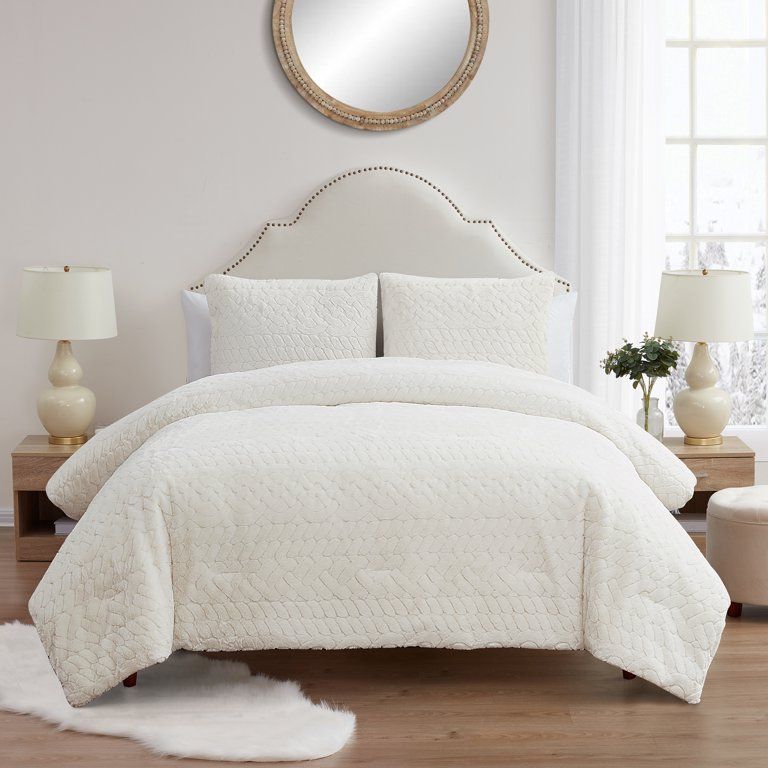 My Texas House Jessie Ivory Stripe Faux Rabbit Fur 3-Piece Comforter Set, Full/Queen | Walmart (US)