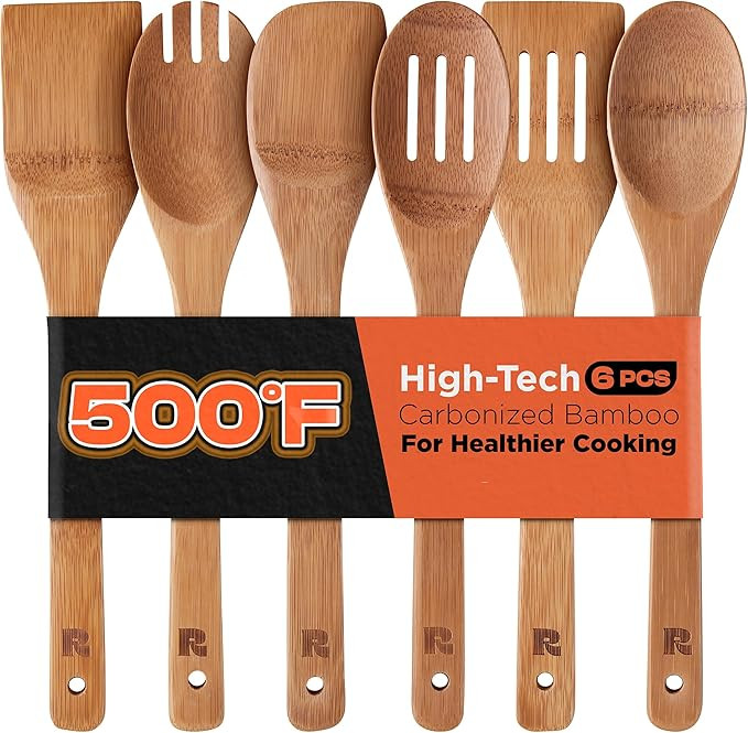 Riveira Dark Bamboo Wooden Spoons for Cooking 6-Piece, Apartment Essentials Wood Spatula Spoon No... | Amazon (US)