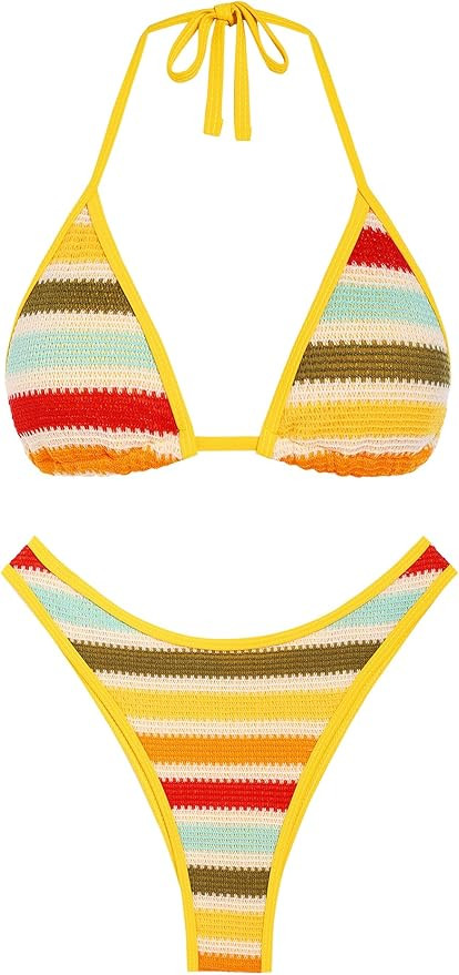 seamoly Women's Bikini Sets Halter Neck Crochet Colorblock Two Piece Swimsuits Open Back Sexy Hig... | Amazon (US)