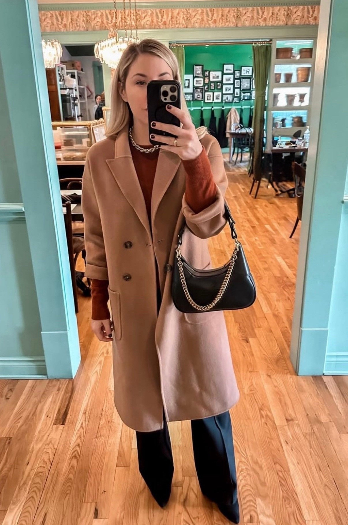 Camel coat
Tan coat
Black bag
Black pants 
Winter outfit

#LTKSeasonal