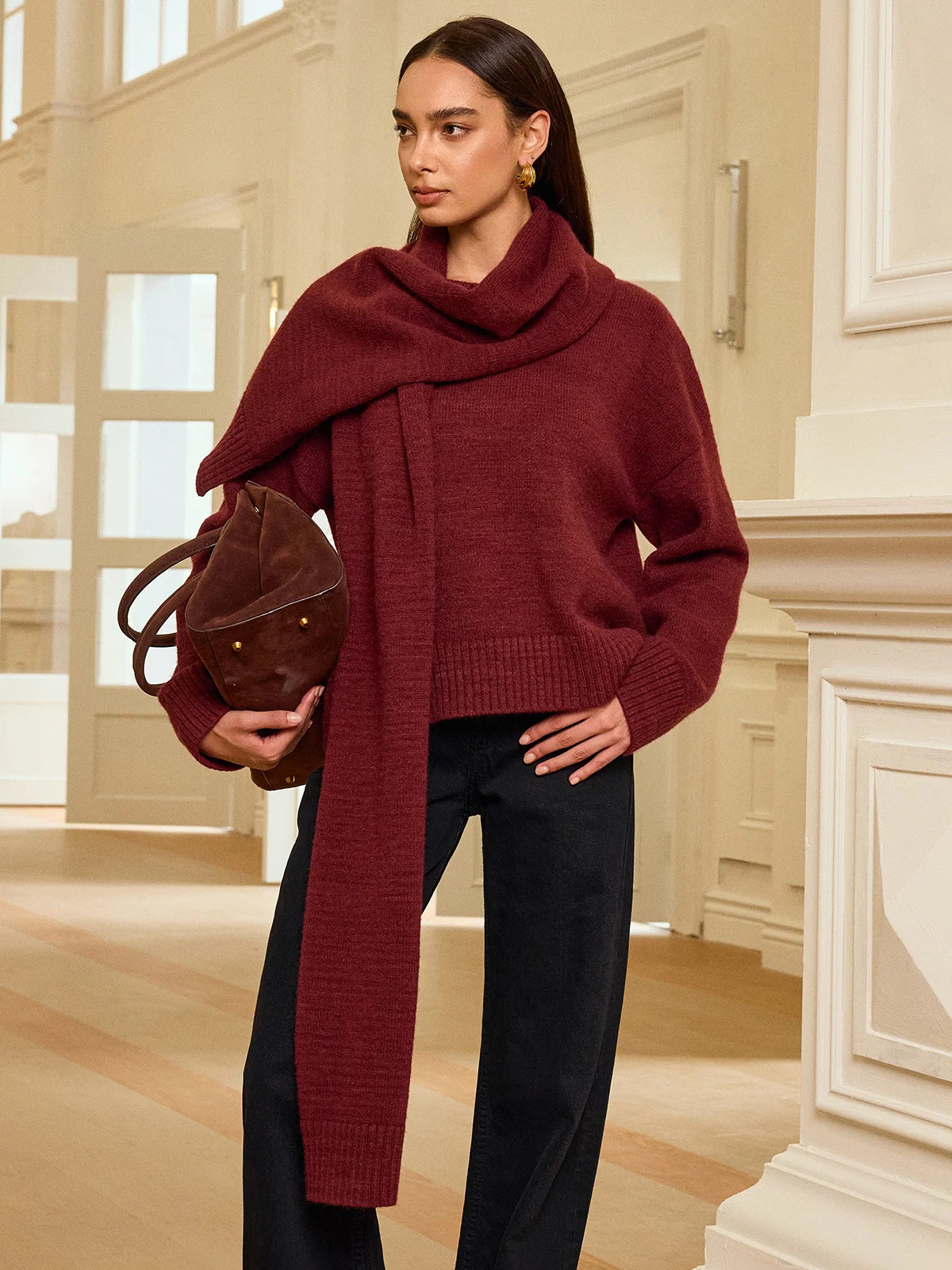Oversized Knit Sweater with Scarf | Commense
