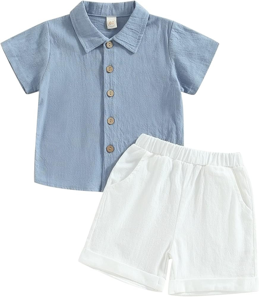 Gueuusu Baby Boy Girl Summer Clothes Toddler Cotton Linen Short Sleeve Button Up Dress Shirt Pock... | Amazon (US)