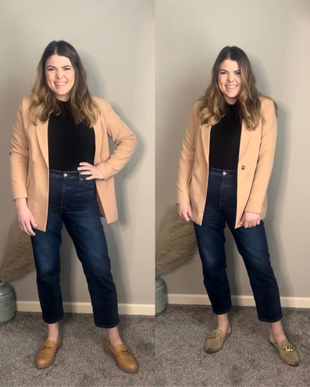 Business casual work outfit with straight dark wash jeans from EXPRESS. These jeans are on sale today for $45 which is a Steel. They’re the perfect mix between structured and stretch and I’m in a size 12. 

#LTKcurves #LTKworkwear #LTKsalealert