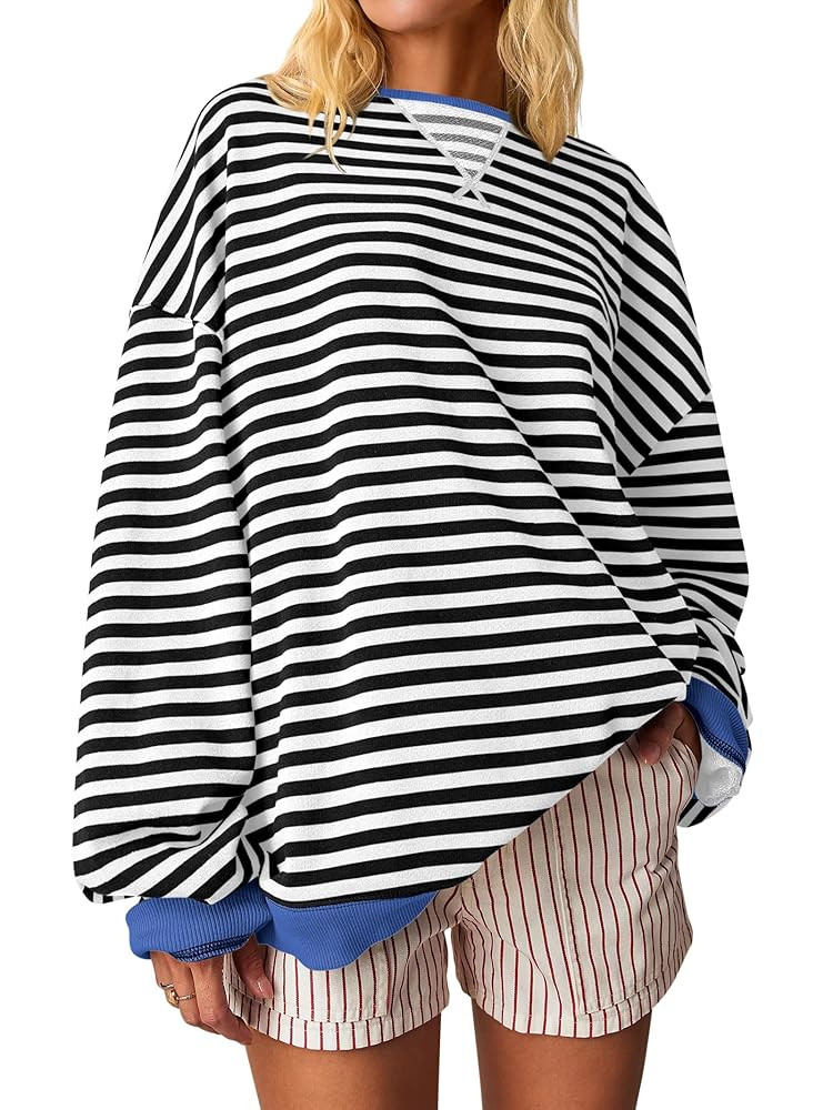 ANRABESS Women Striped Oversized Sweatshirt Crewneck Long Sleeve Shirts Hoodies 2025 Summer Fashi... | Amazon (US)