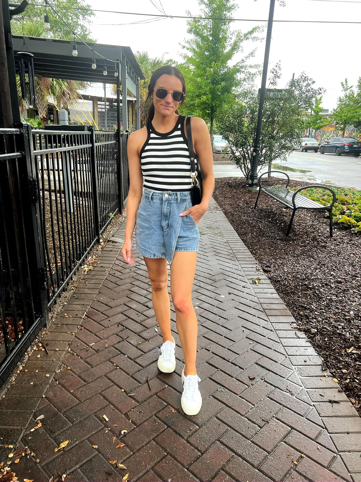 Charleston outfit / summer outfit- tank in S, skort in XS, sneakers true to size!
striped tank top/denim skort/sneakers 

 #LTKSummerEdit #LTKPetite #LTKFindsUnder50