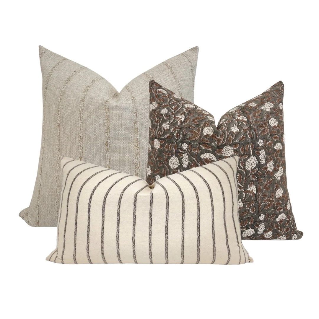 PILLOW COMBO Set of Three Pillow Covers, Cream Woven Striped, Brown Floral, Black Striped Pillow,... | Etsy (US)