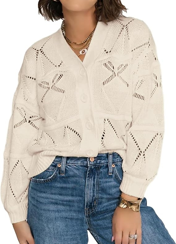 Womens Cardigan Sweaters Lightweight Hollow Out Long Sleeve Button Down Ribbed Patterned Crochet ... | Amazon (US)