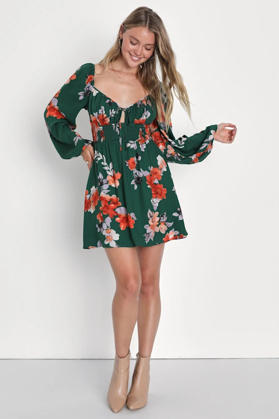 Cutie Moment Green Floral Print Long Sleeve Mini Dress | Lulus (US)