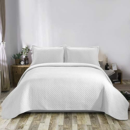 Avon 3-Piece Diamond Stitch Pattern Soft-Finished Vintage Washed 100% Cotton Quilt Set (King, White) | Amazon (US)