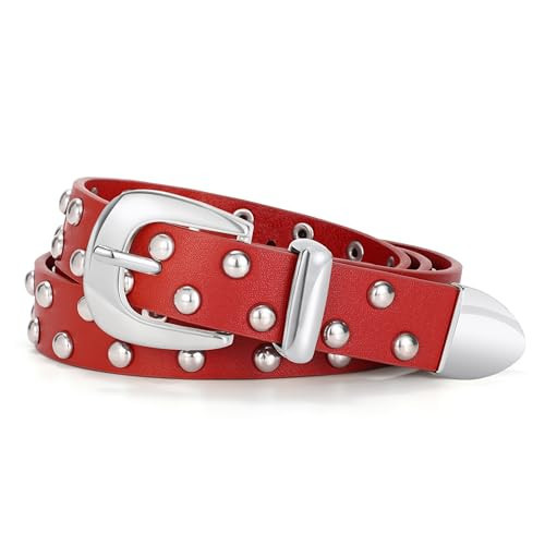 WHIPPY Women's Leather Belt Fashion Punk Studded Belt for Women for Jeans Pants Dresses Red, XL | Amazon (US)