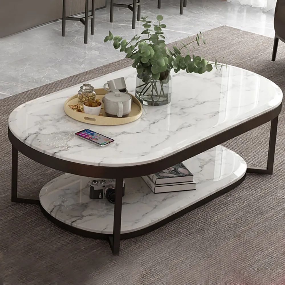 2-Tiered Modern Marble Coffee Table with Shelf Metal Frame | Homary.com