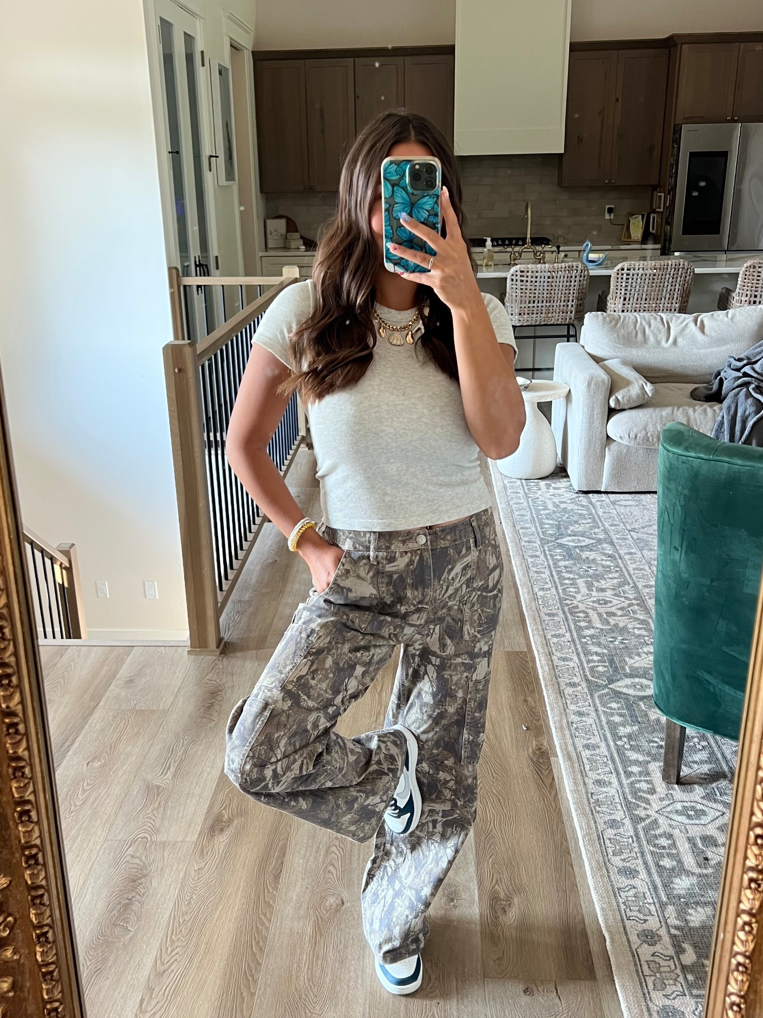 These high waisted camo pants are IT!! 🔥 I love the light wash and they’re so soft! Paired with a coastal charm necklace and I’m channeling all of my coastal cowgirl energy!! 🤠 🐚 

#LTKStyleTip #LTKFindsUnder50 #LTKSaleAlert