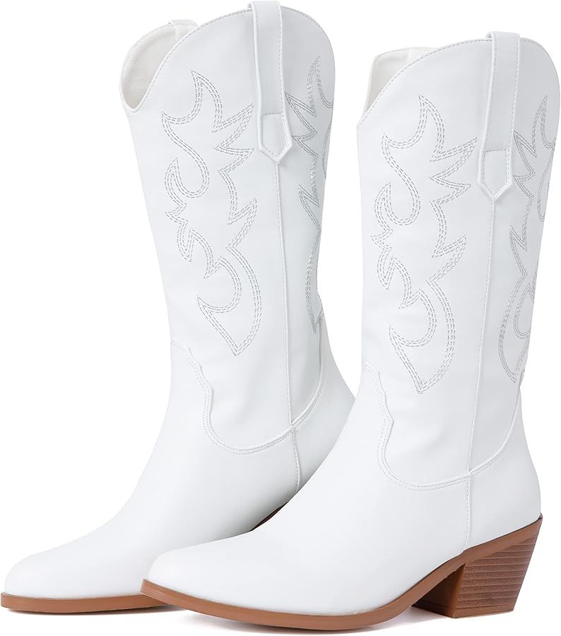 AMINUGAL White Cowgirl Boots Women Embroidered Pointed Toe Cowboy Boots For Women Wide Calf Pull ... | Amazon (US)