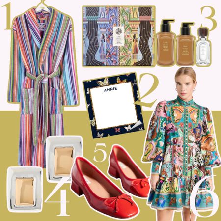 The Spence Social Quick Six - the fragrance I can’t stop wearing, a personalized notepad, mixed metal earrings, red ballet flats, and an Alemais dress I’m crushing on 