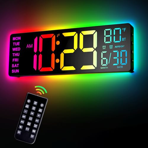 EASYERA 12" Digital Wall Clock for Classroom Livingroom Game Home Decor with LED Display RGB Lights, BIuetooth Sync, Dual Alarms, Auto DST, Countdown, Remote Control, Temperature | Amazon (US)